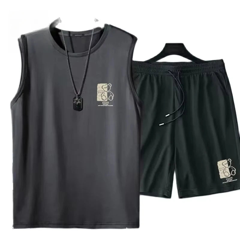 men's clothing fashion breathable fitness basketball sports Quick drying suit sleeveless T shirt + jogging shorts two-piece sets