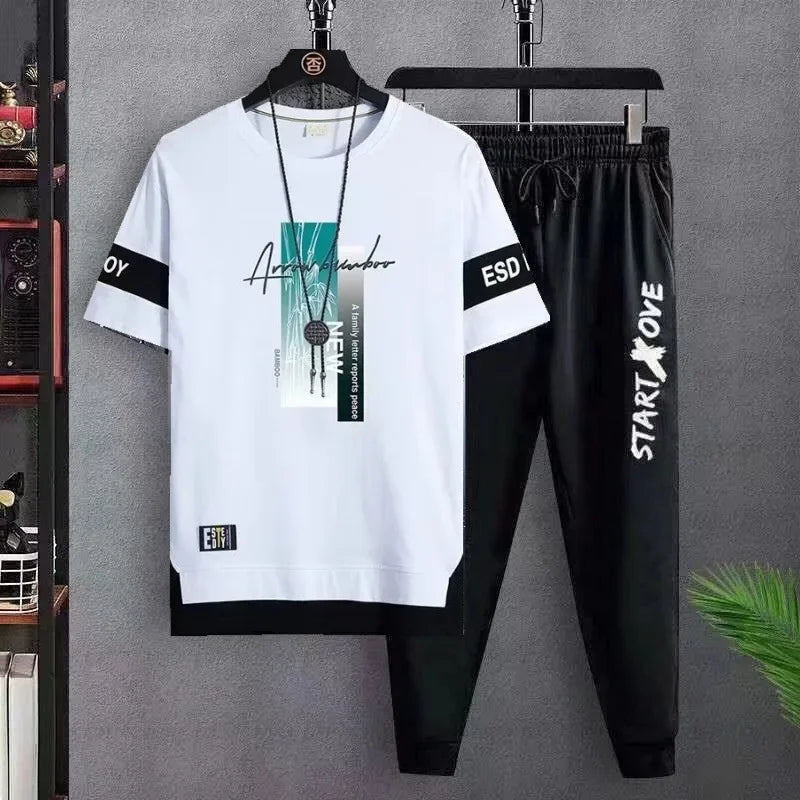 Men's Fashion Casual Set Versatile Youth Round Neck Slim Fit Short sleeved T-shirt+Fashion Sports Pants Two Piece Set for Men