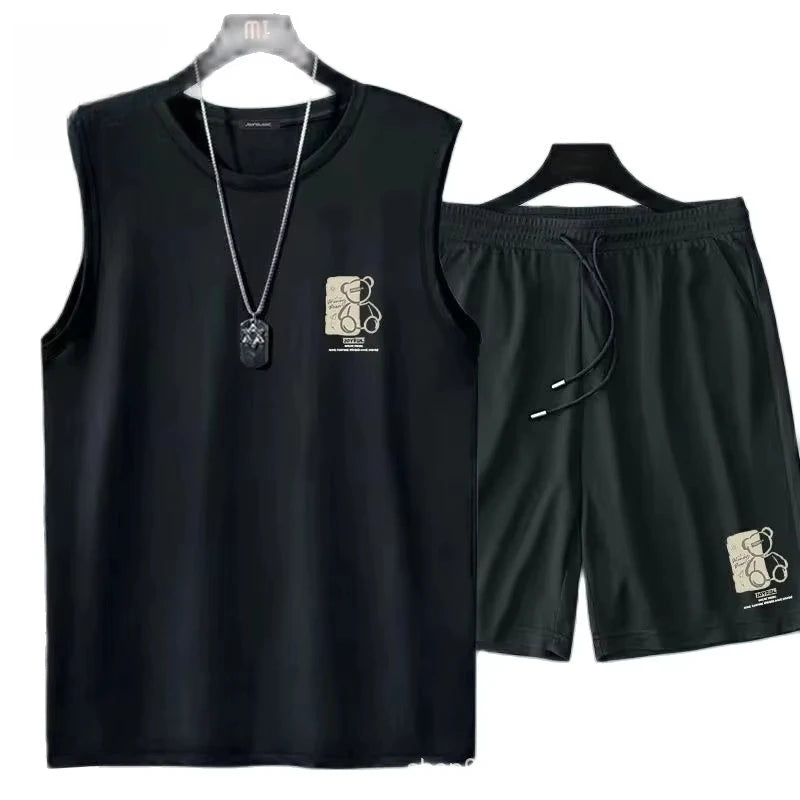 men's clothing fashion breathable fitness basketball sports Quick drying suit sleeveless T shirt + jogging shorts two-piece sets