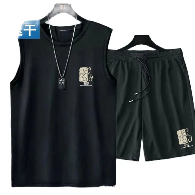men's clothing fashion breathable fitness basketball sports Quick drying suit sleeveless T shirt + jogging shorts two-piece sets