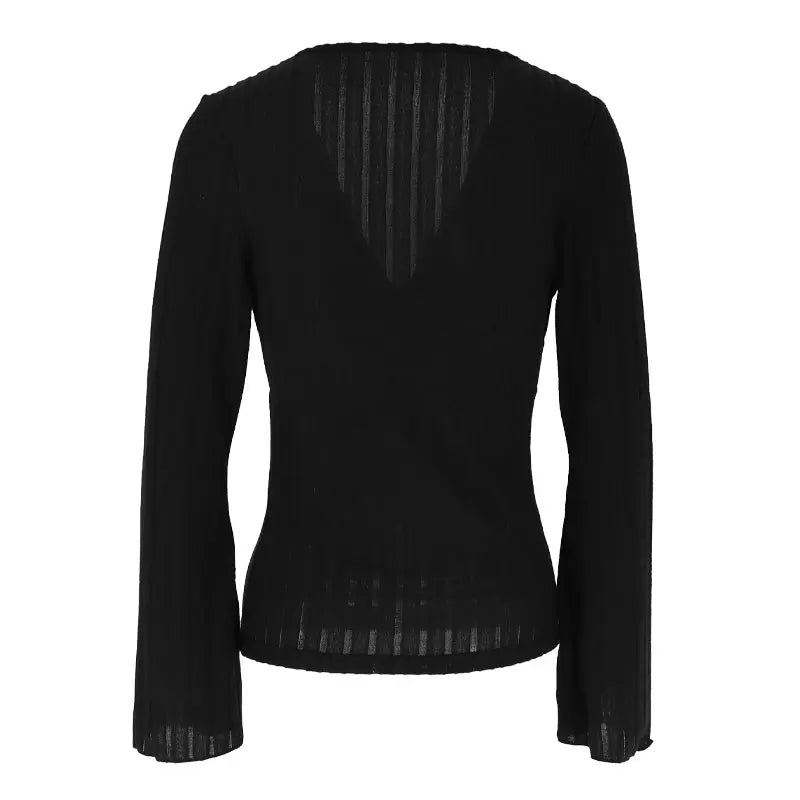 Women's T-shirt Top Spring New Fashion Long Sleeves Tees Black Sexy V-Neck Low Chest Tees Elegant Female Versatile Tees Clothing