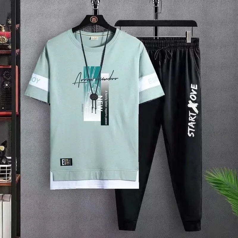 Men's Fashion Casual Set Versatile Youth Round Neck Slim Fit Short sleeved T-shirt+Fashion Sports Pants Two Piece Set for Men
