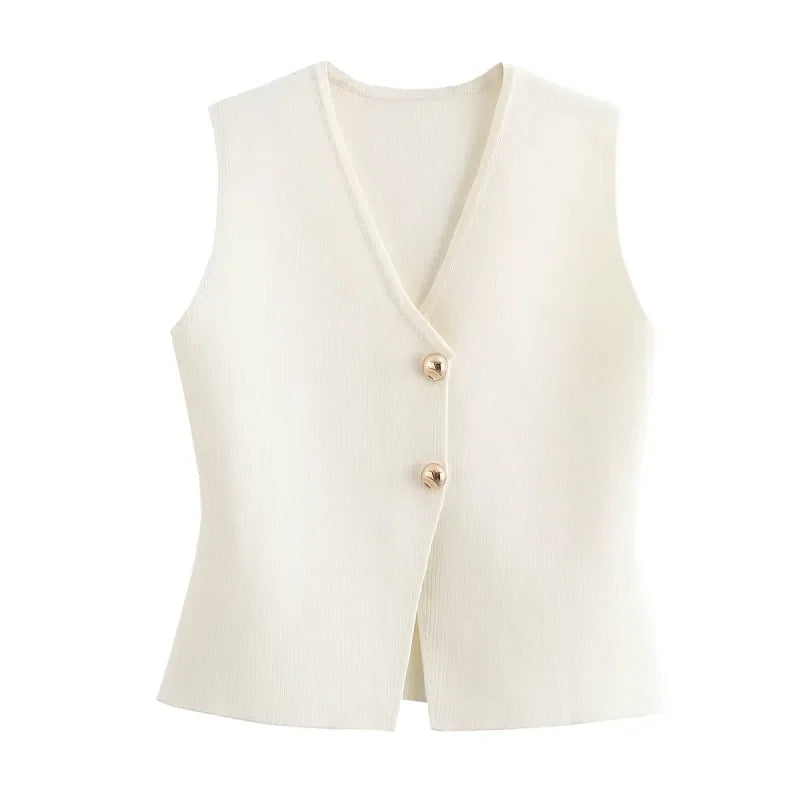 TRAF Tops Women 2024 Summer Autumn Elegant Knitted Tank Vest Top Ladies Fashion Casual White Black Short Sleeveless Vest Tops