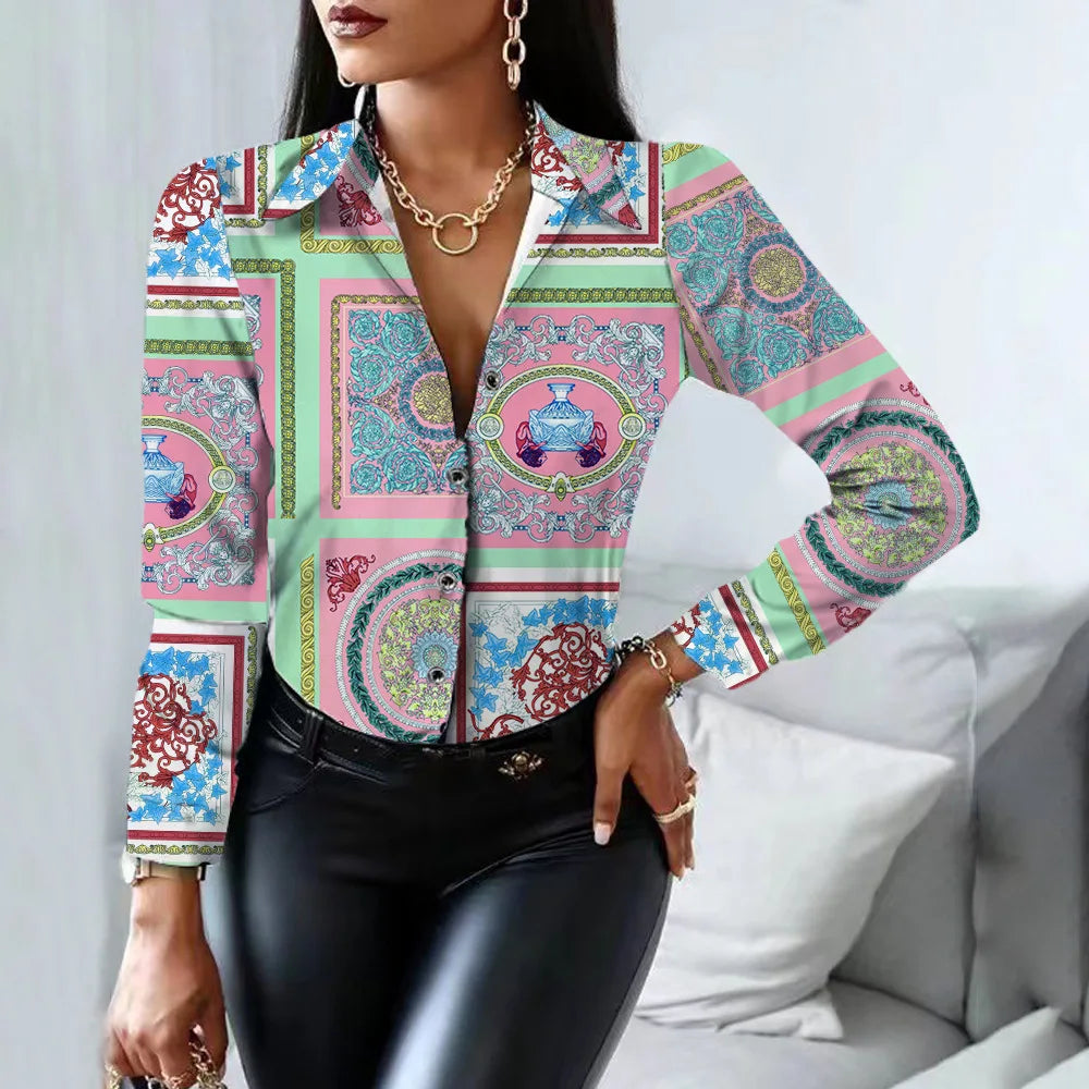 Women's Blouse Fashion Print Long Sleeve Tops Black Elegant Shirts & Blouses Autumn Youthful Woman Clothes 2023 New Arrivals