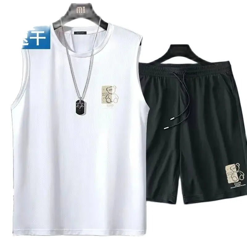 men's clothing fashion breathable fitness basketball sports Quick drying suit sleeveless T shirt + jogging shorts two-piece sets