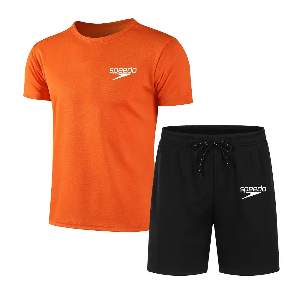 Men's Casual Fashion Summer Mesh Suit Men Quick-drying Breathable Sportswear Short-sleeved T-shirt Suit Men's Running Clothes