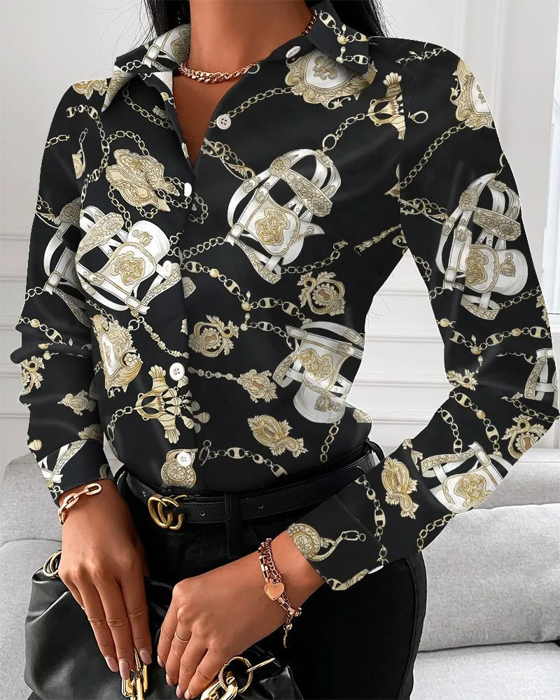 Women's Blouse Fashion Print Long Sleeve Tops Black Elegant Shirts & Blouses Autumn Youthful Woman Clothes 2023 New Arrivals