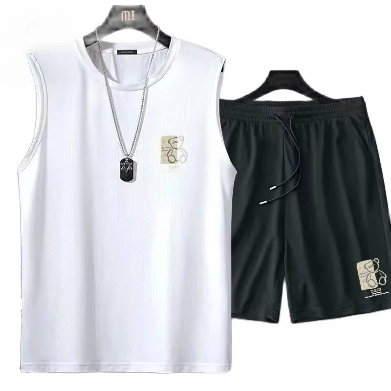 men's clothing fashion breathable fitness basketball sports Quick drying suit sleeveless T shirt + jogging shorts two-piece sets