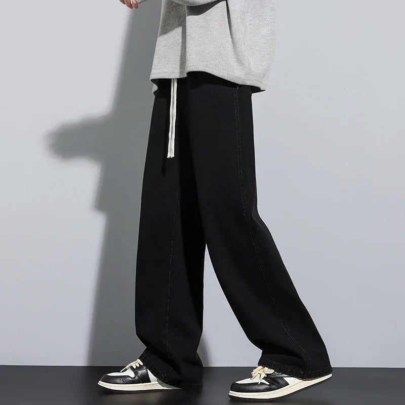 Baggy Men's Wide-leg Jeans Fashion Korean Streetwear Hip-hop Loose Straight Denim Pants Casual Trousers Black Gray Blue