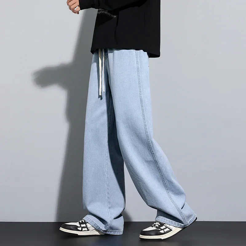 Baggy Men's Wide-leg Jeans Fashion Korean Streetwear Hip-hop Loose Straight Denim Pants Casual Trousers Black Gray Blue