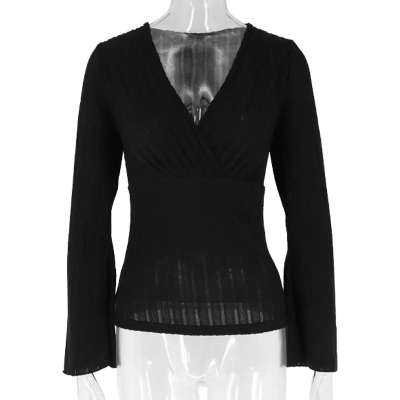 Women's T-shirt Top Spring New Fashion Long Sleeves Tees Black Sexy V-Neck Low Chest Tees Elegant Female Versatile Tees Clothing
