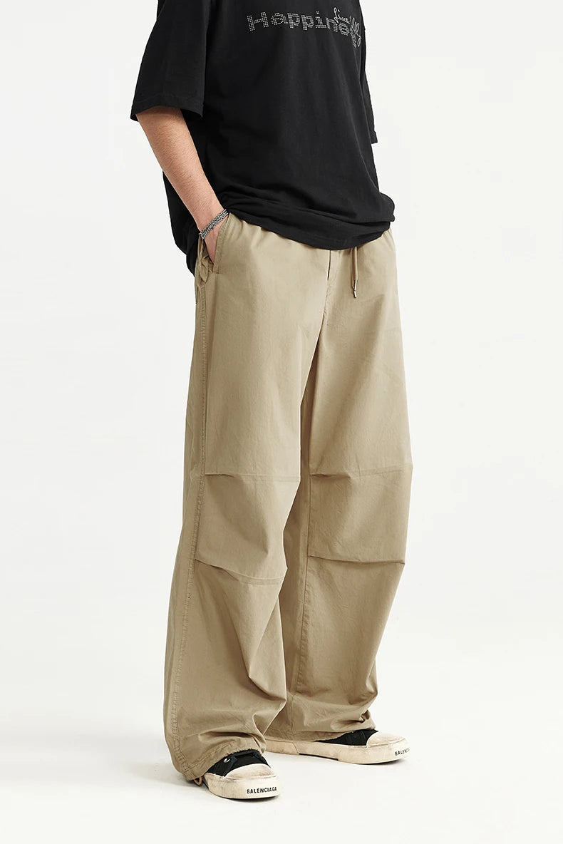 INFLATION Baggy Parachute Pants Streetwear Mens Elastic Waist Washed Cargo Pants Male 100% Cotton Trousers