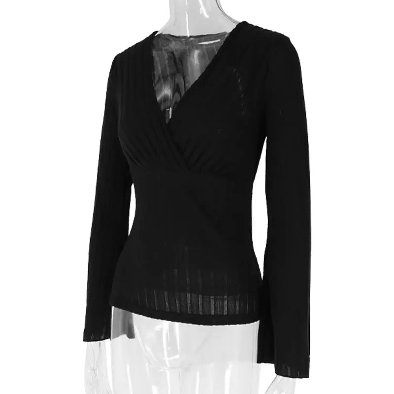Women's T-shirt Top Spring New Fashion Long Sleeves Tees Black Sexy V-Neck Low Chest Tees Elegant Female Versatile Tees Clothing