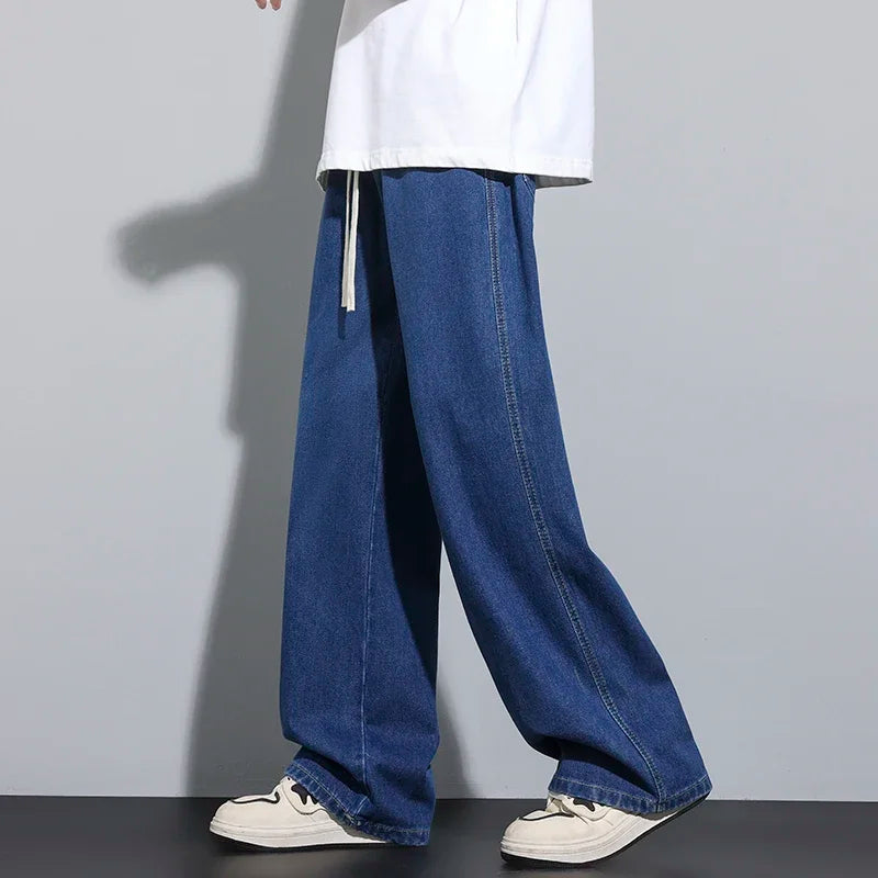 Baggy Men's Wide-leg Jeans Fashion Korean Streetwear Hip-hop Loose Straight Denim Pants Casual Trousers Black Gray Blue