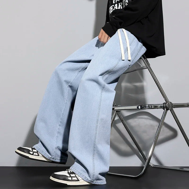 Baggy Men's Wide-leg Jeans Fashion Korean Streetwear Hip-hop Loose Straight Denim Pants Casual Trousers Black Gray Blue