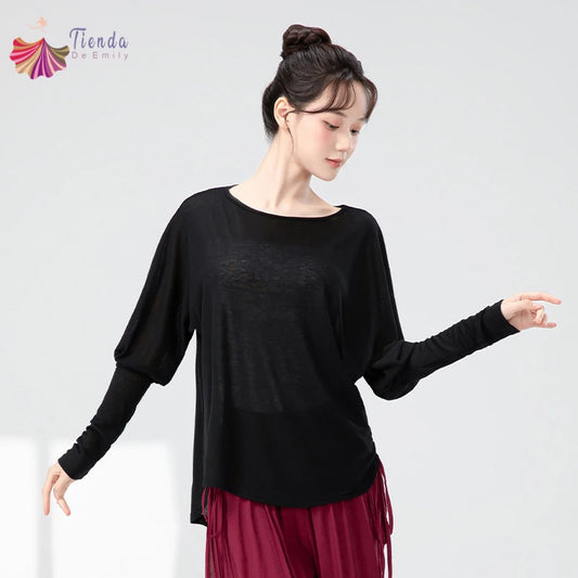 Modern Dance Top Training Costume Women Long Sleeve Shirt Tee Loose Smock Irregular Hem Performance Stage Line Dancewear Clothes