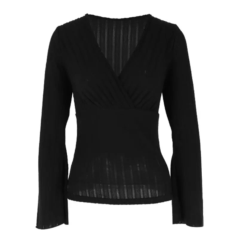 Women's T-shirt Top Spring New Fashion Long Sleeves Tees Black Sexy V-Neck Low Chest Tees Elegant Female Versatile Tees Clothing