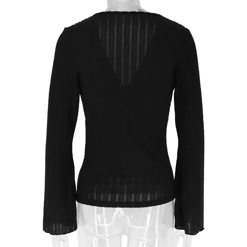 Women's T-shirt Top Spring New Fashion Long Sleeves Tees Black Sexy V-Neck Low Chest Tees Elegant Female Versatile Tees Clothing