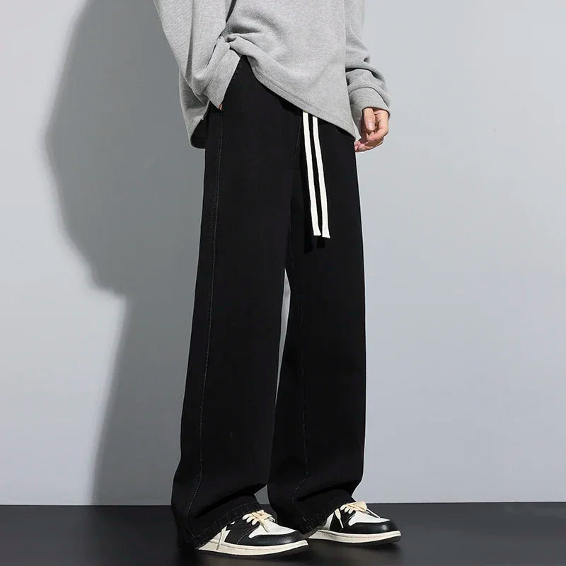 Baggy Men's Wide-leg Jeans Fashion Korean Streetwear Hip-hop Loose Straight Denim Pants Casual Trousers Black Gray Blue
