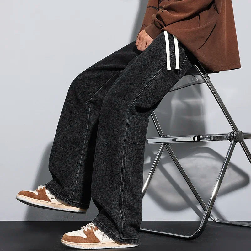Baggy Men's Wide-leg Jeans Fashion Korean Streetwear Hip-hop Loose Straight Denim Pants Casual Trousers Black Gray Blue