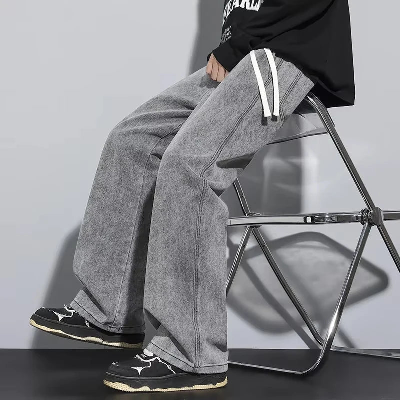 Baggy Men's Wide-leg Jeans Fashion Korean Streetwear Hip-hop Loose Straight Denim Pants Casual Trousers Black Gray Blue