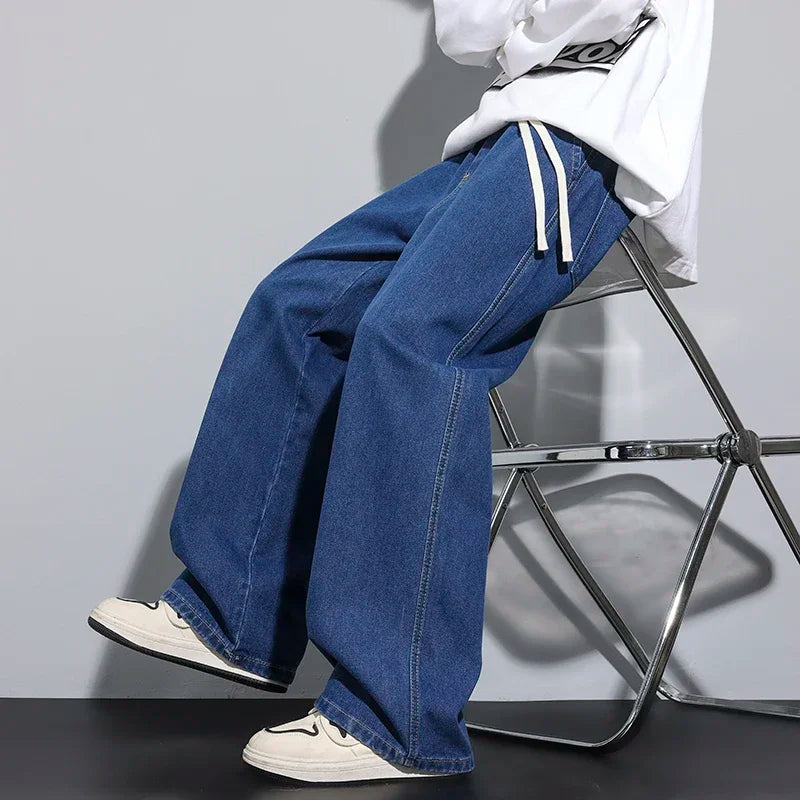 Baggy Men's Wide-leg Jeans Fashion Korean Streetwear Hip-hop Loose Straight Denim Pants Casual Trousers Black Gray Blue