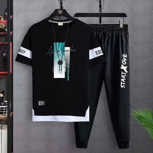 Men's Fashion Casual Set Versatile Youth Round Neck Slim Fit Short sleeved T-shirt+Fashion Sports Pants Two Piece Set for Men
