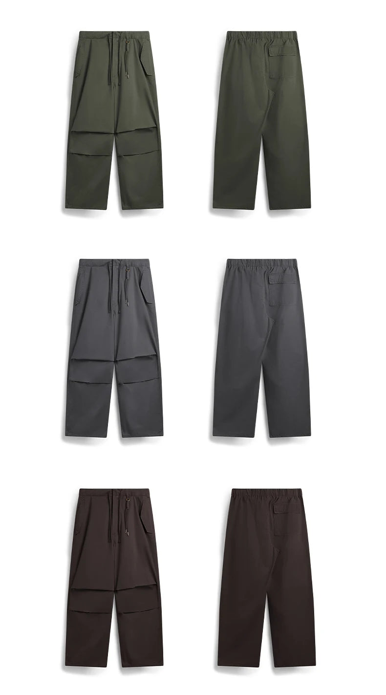 INFLATION Baggy Parachute Pants Streetwear Mens Elastic Waist Washed Cargo Pants Male 100% Cotton Trousers