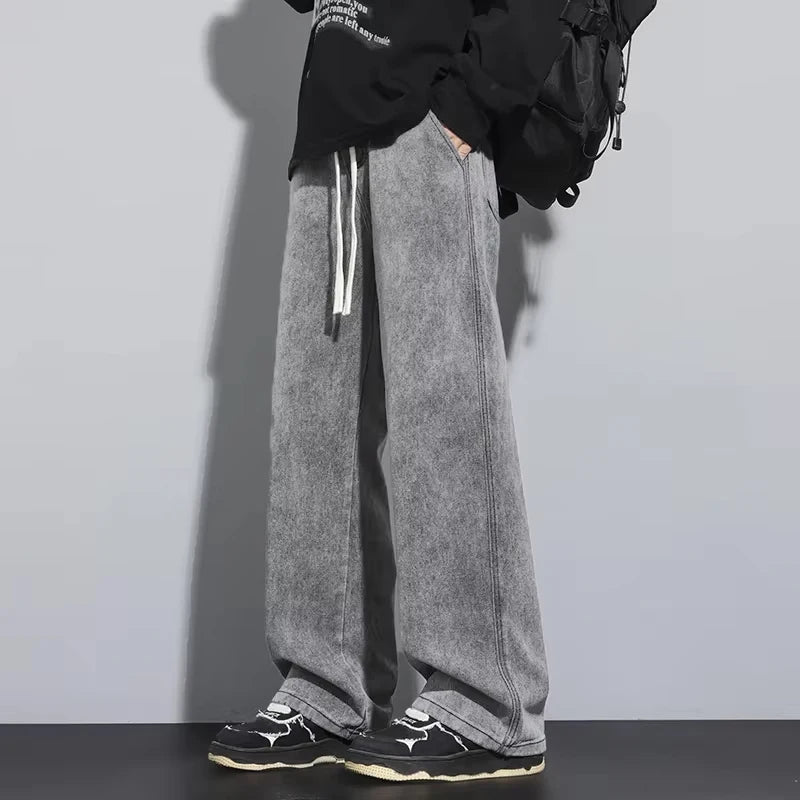 Baggy Men's Wide-leg Jeans Fashion Korean Streetwear Hip-hop Loose Straight Denim Pants Casual Trousers Black Gray Blue