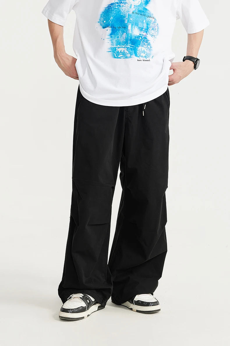 INFLATION Baggy Parachute Pants Streetwear Mens Elastic Waist Washed Cargo Pants Male 100% Cotton Trousers