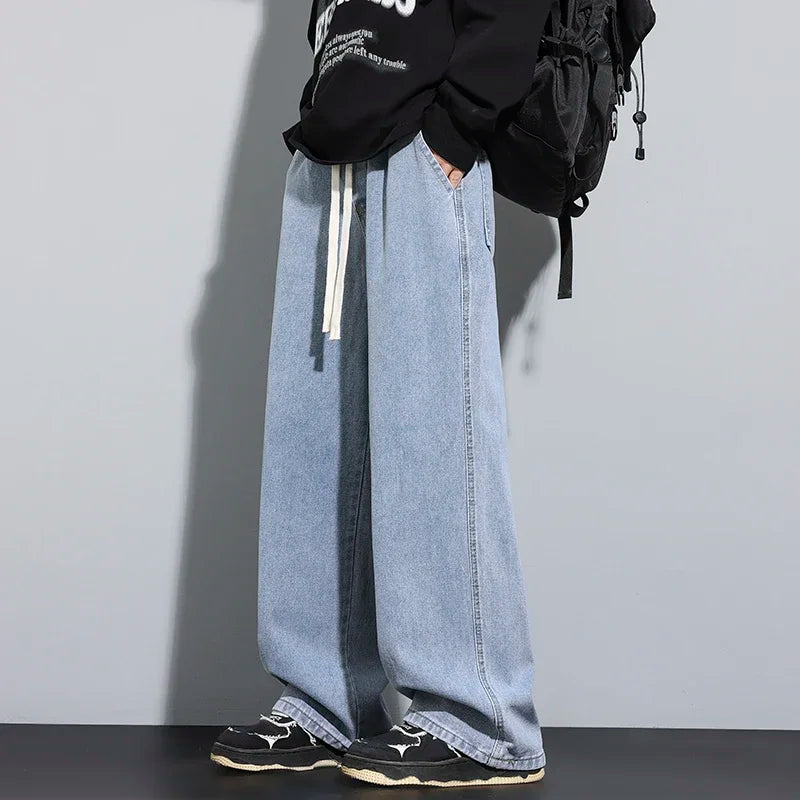 Baggy Men's Wide-leg Jeans Fashion Korean Streetwear Hip-hop Loose Straight Denim Pants Casual Trousers Black Gray Blue