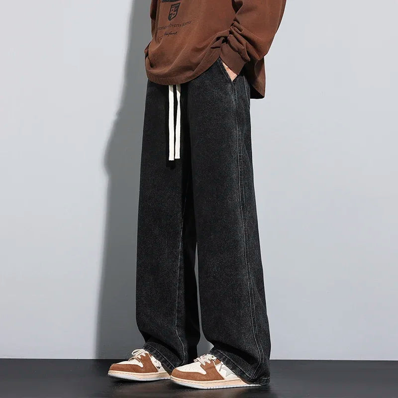 Baggy Men's Wide-leg Jeans Fashion Korean Streetwear Hip-hop Loose Straight Denim Pants Casual Trousers Black Gray Blue