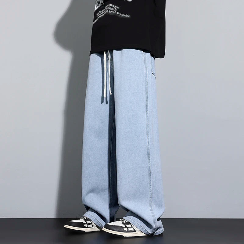 Baggy Men's Wide-leg Jeans Fashion Korean Streetwear Hip-hop Loose Straight Denim Pants Casual Trousers Black Gray Blue