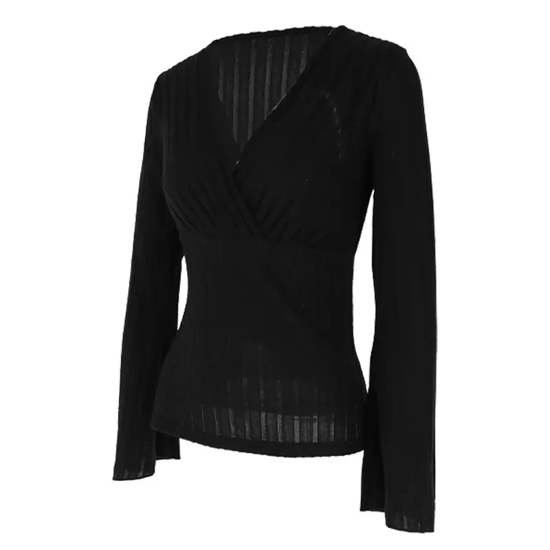 Women's T-shirt Top Spring New Fashion Long Sleeves Tees Black Sexy V-Neck Low Chest Tees Elegant Female Versatile Tees Clothing