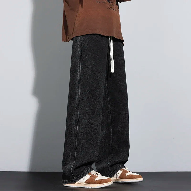 Baggy Men's Wide-leg Jeans Fashion Korean Streetwear Hip-hop Loose Straight Denim Pants Casual Trousers Black Gray Blue