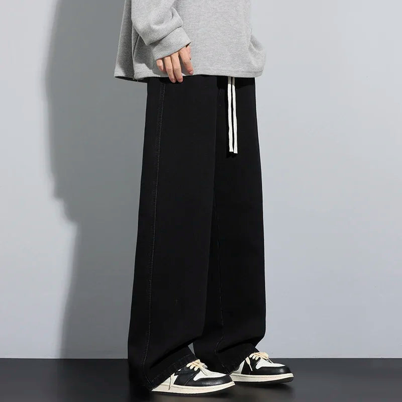 Baggy Men's Wide-leg Jeans Fashion Korean Streetwear Hip-hop Loose Straight Denim Pants Casual Trousers Black Gray Blue