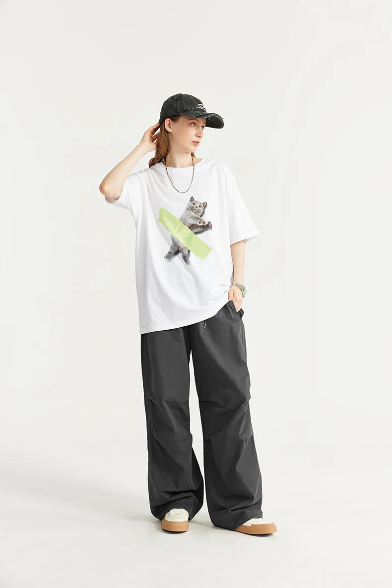 INFLATION Baggy Parachute Pants Streetwear Mens Elastic Waist Washed Cargo Pants Male 100% Cotton Trousers