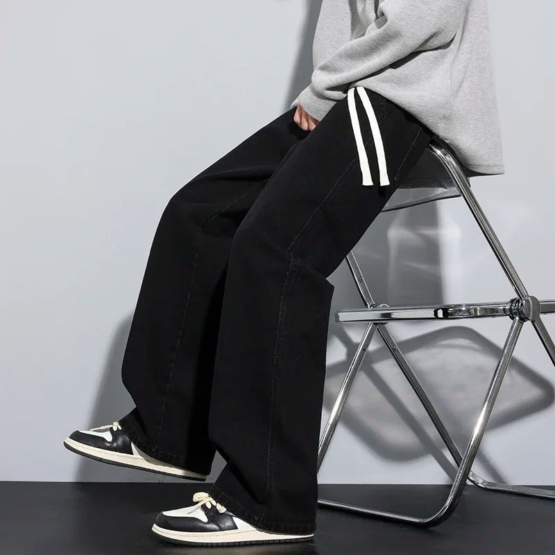 Baggy Men's Wide-leg Jeans Fashion Korean Streetwear Hip-hop Loose Straight Denim Pants Casual Trousers Black Gray Blue