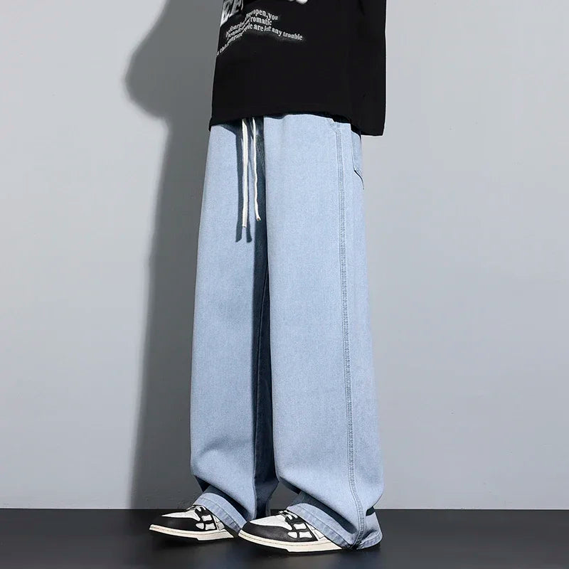 Baggy Men's Wide-leg Jeans Fashion Korean Streetwear Hip-hop Loose Straight Denim Pants Casual Trousers Black Gray Blue